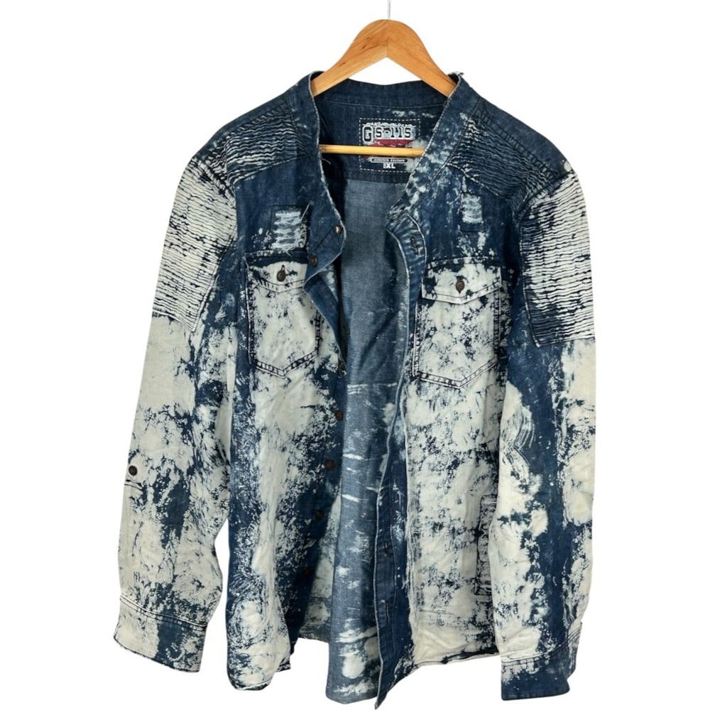 GS-115 Moto Denim Shirt Acid Wash Biker Distressed Blue XL